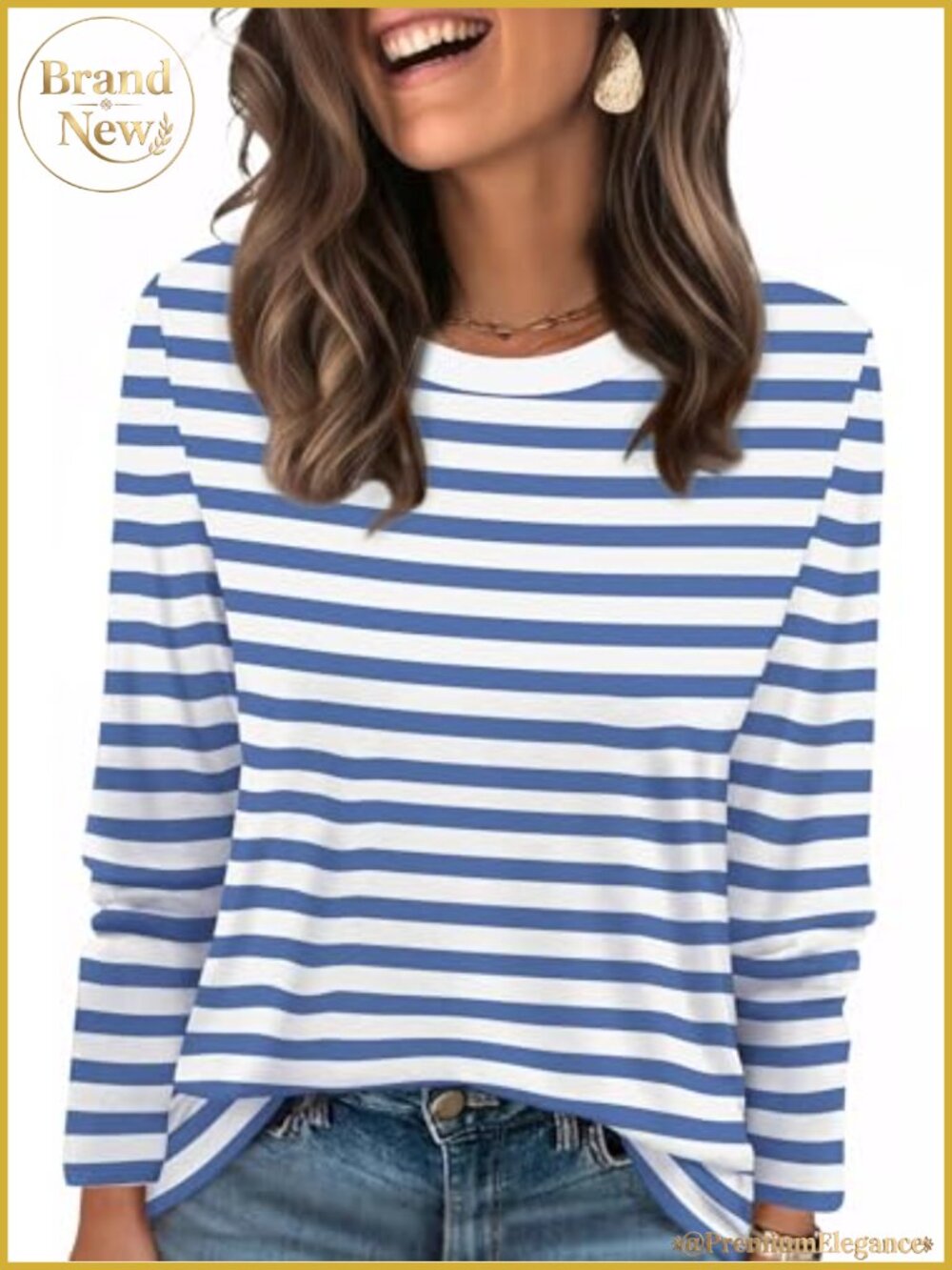 Striped Long Sleeve Top Color Block Crewneck Tee - Picture 1 of 6
